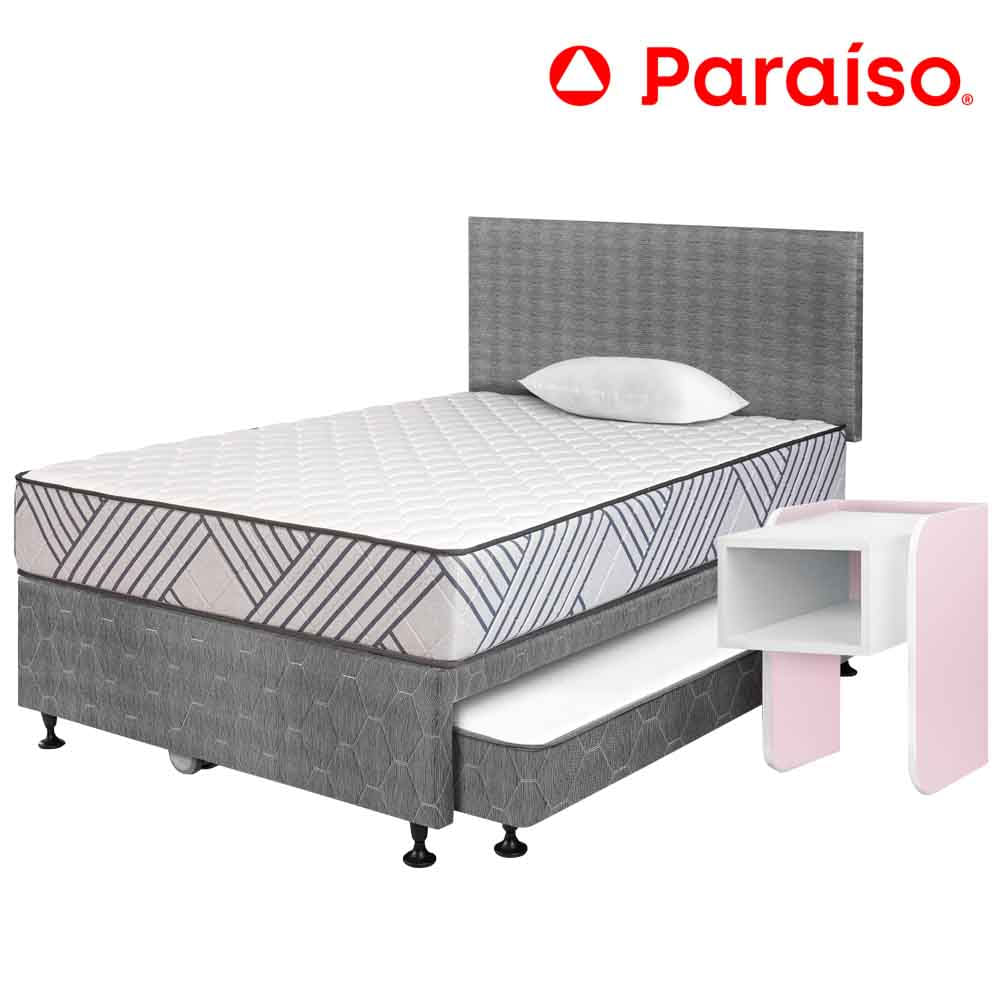 Dormitorio PARAISO Divan Palmera  1.5 Plazas + Velador Kids Rosado + 1 Almohada + 1 Protector