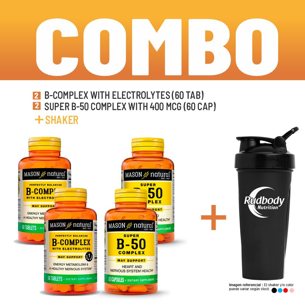 Combo Vitaminas Mason - 2 B-Complex With Electrolytes + 2 Super B-50 Complex With 400 Mcg + Shaker