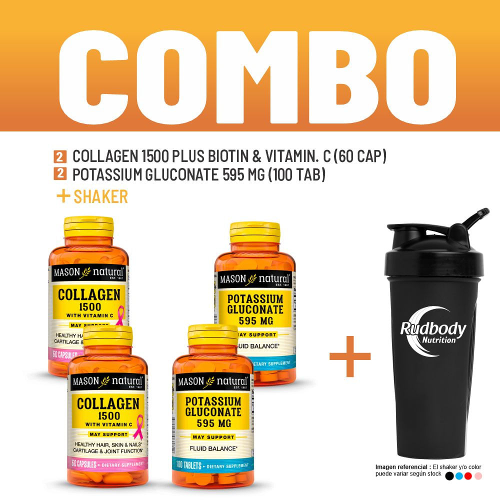 Combo Vitaminas Mason - 2 Collagen 1500 Plus Biotin & Vitamin. C + 2 Potassium Gluconate + Shaker