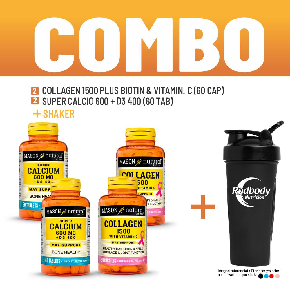 Combo Vitaminas Mason - 2 Collagen 1500 Plus Biotin & Vitamin. C + 2 Super Calcio 600+D3-400 +Shaker