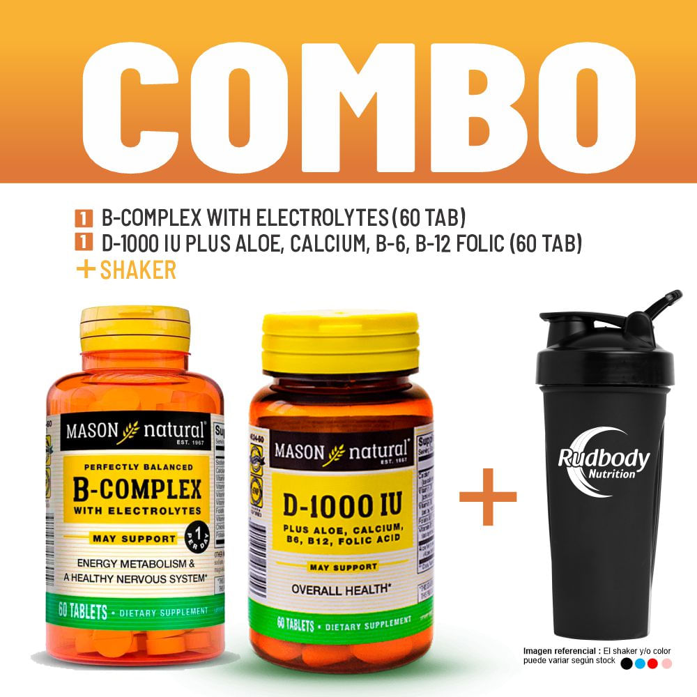 Combo Vitaminas Mason- B-Complex With Electrolytes + D-1000 Iu Plus Aloe, Calcium, B-6, B-12 +Shaker