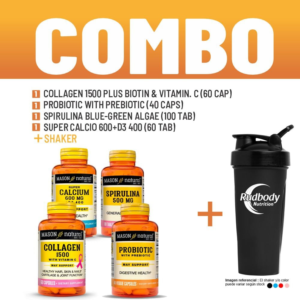 Combo Vitaminas Mason- Colagen Plus Biotin +Probio Prebio+Spirulina +Super Calcio 600+D3-400 +Shaker