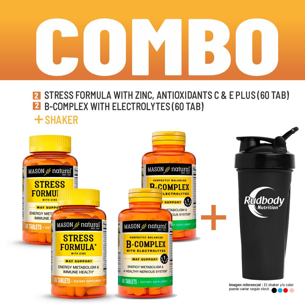 Combo Vitaminas Mason Natural - 2 Stress Formula With Zinc + 2 B-Complex With Electrolytes + Shaker