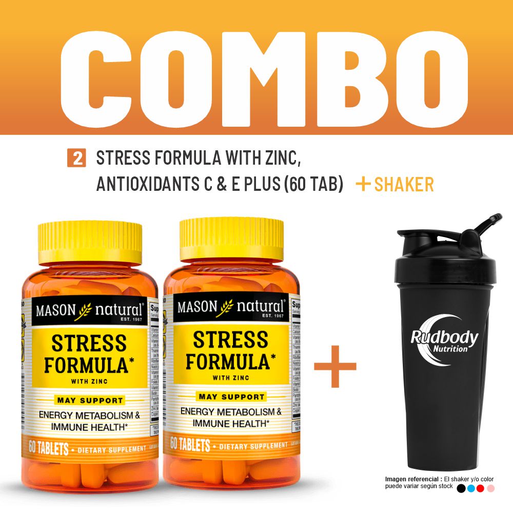 Combo Vitaminas Mason Natural - 2 Stress Formula With Zinc, Antioxidants C & E Plus (60 Tab) +Shaker