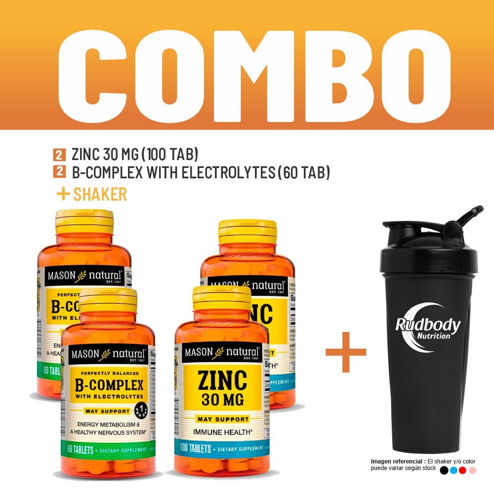 Combo Vitaminas Mason Natural - 2 Zinc 30 Mg (100 Tab) + 2 B-Complex With Electrolytes + Shaker