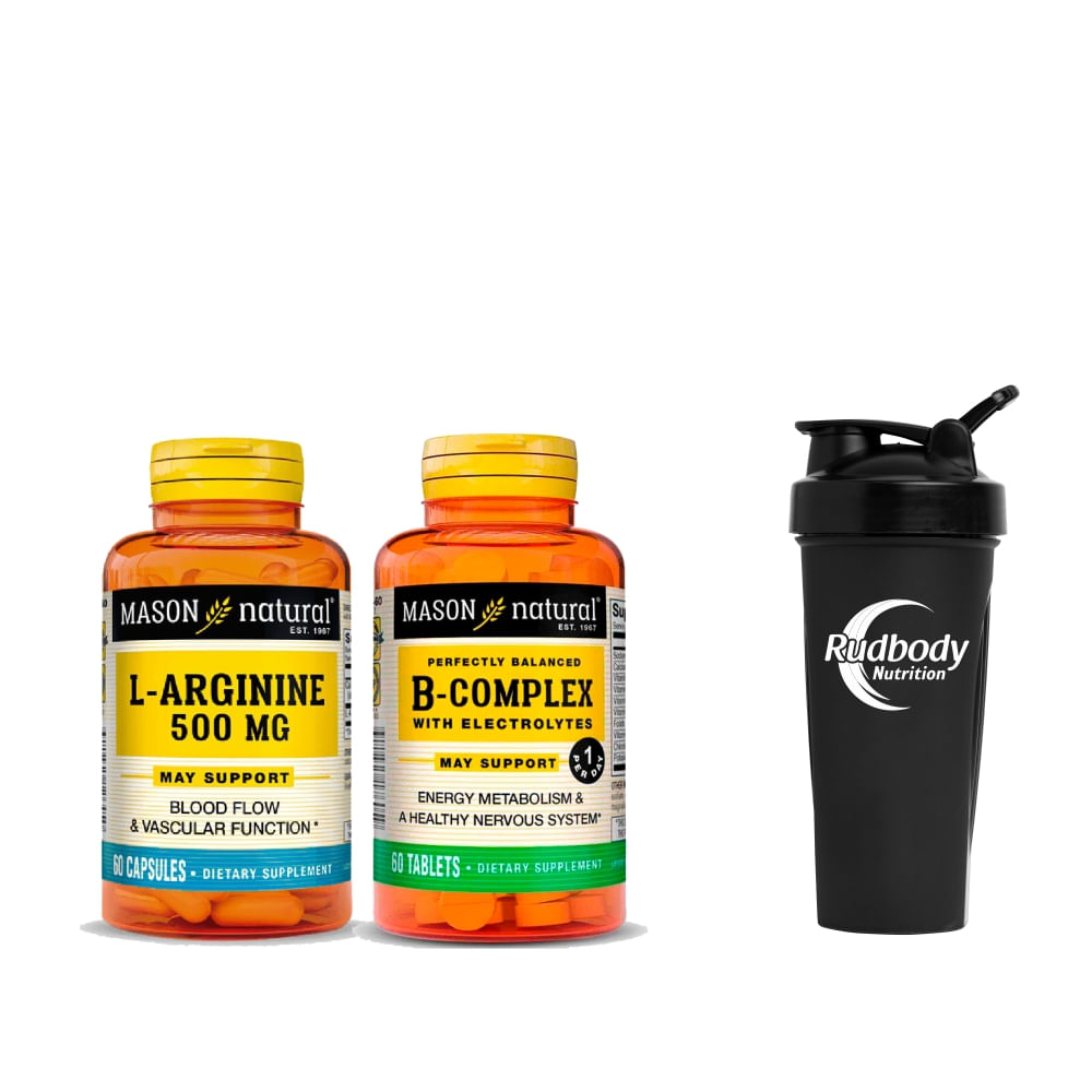 Combo Vitaminas Mason Natural - Arginine 500 Mg (60 Cap) +  B-Complex With Electrolytes + Shaker