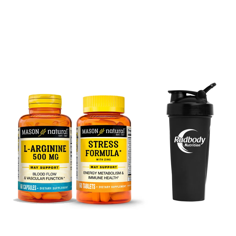 Combo Vitaminas Mason Natural - Arginine 500 Mg +  Stress Formula With Zinc, Antioxidants + Shaker