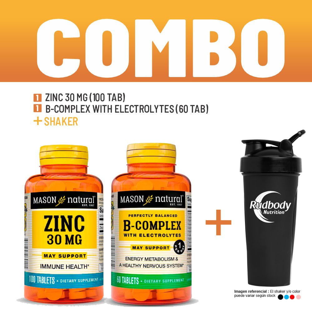 Combo Vitaminas Mason Natural - Zinc 30 Mg (100 Tab) + B-Complex With Electrolytes (60 Tab) + Shaker