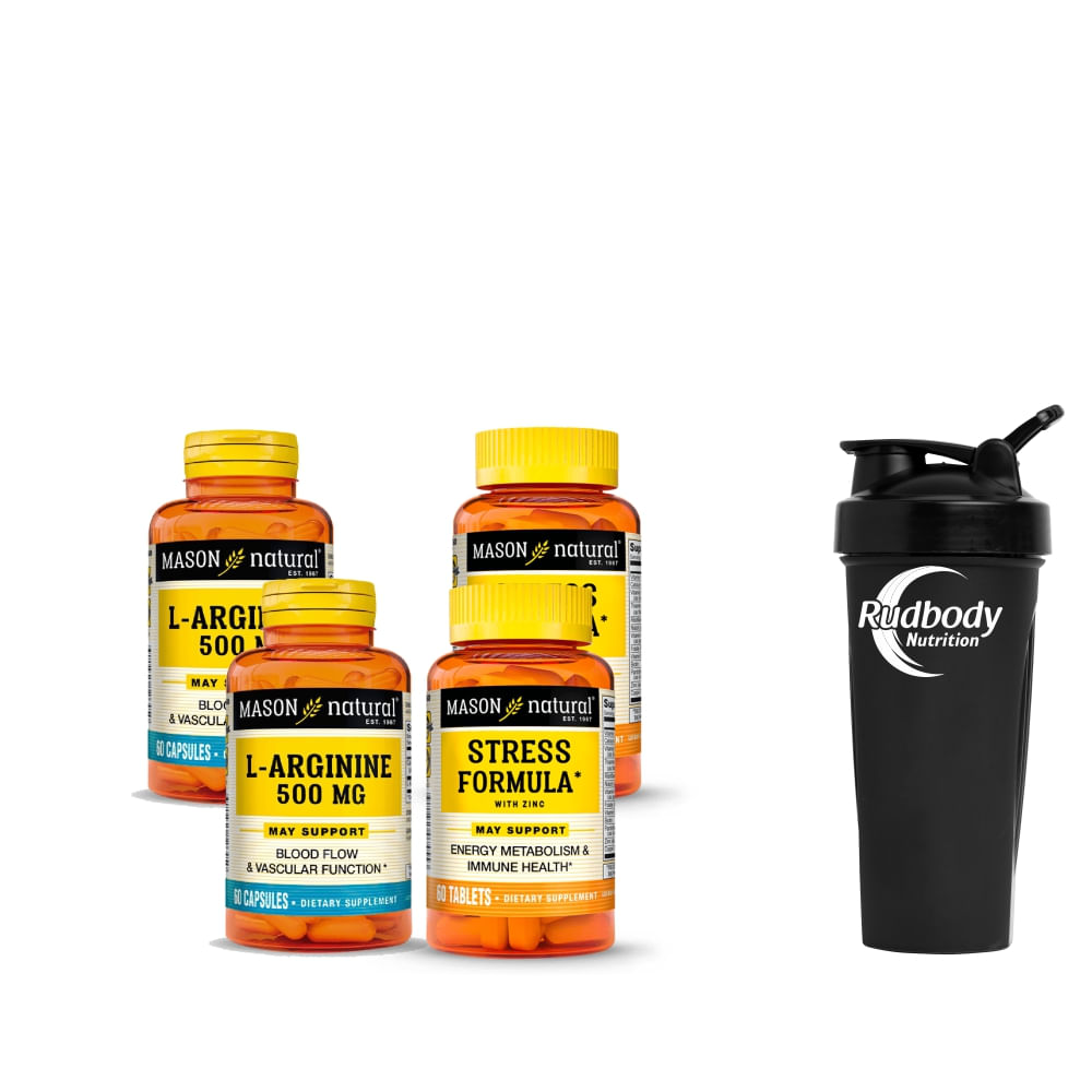 Combo Vitaminas Mason Natural- 2 Arginine 500 Mg +  2 Stress Formula With Zinc,Antioxidants + Shaker