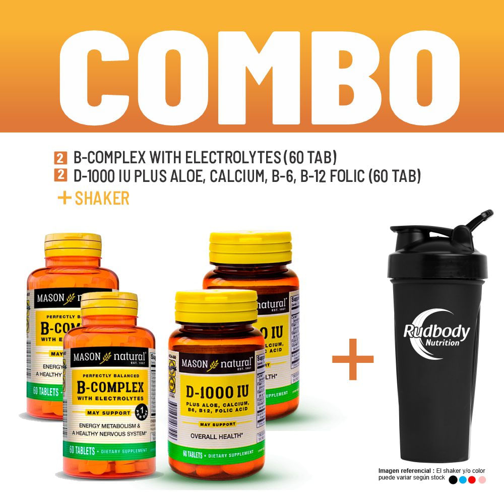 Combo Vitaminas Mason Natural- 2 B-Complex With Electrolytes + 2 D-1000 Iu Plus Aloe,Calcium +Shaker