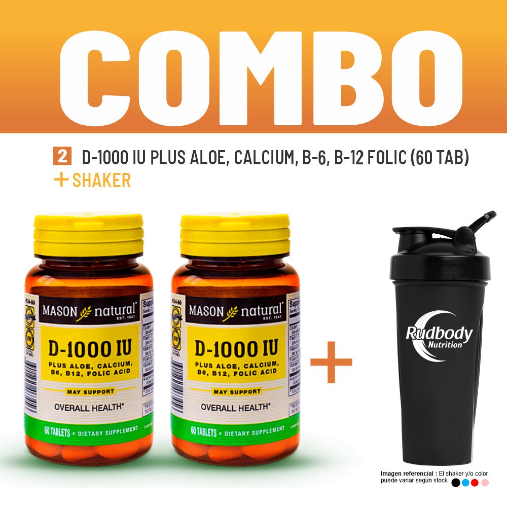 Combo Vitaminas Mason Natural- 2 D-1000 Iu Plus Aloe, Calcium, B-6, B-12 Folic Acid (60 Tab) +Shaker