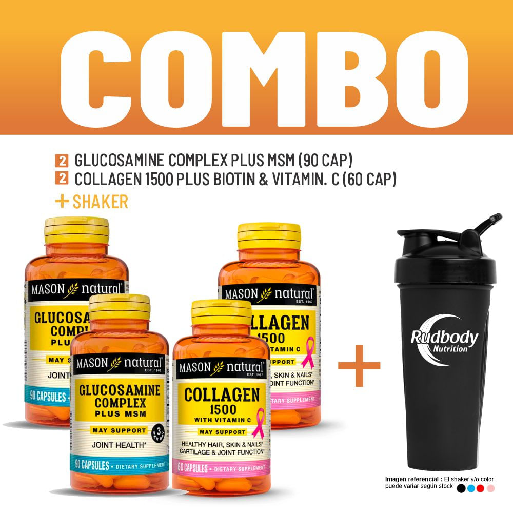 Combo Vitaminas Mason Natural- 2 Glucosamine Complex Plus Msm + 2 Collagen 1500 Plus Biotin + Shaker