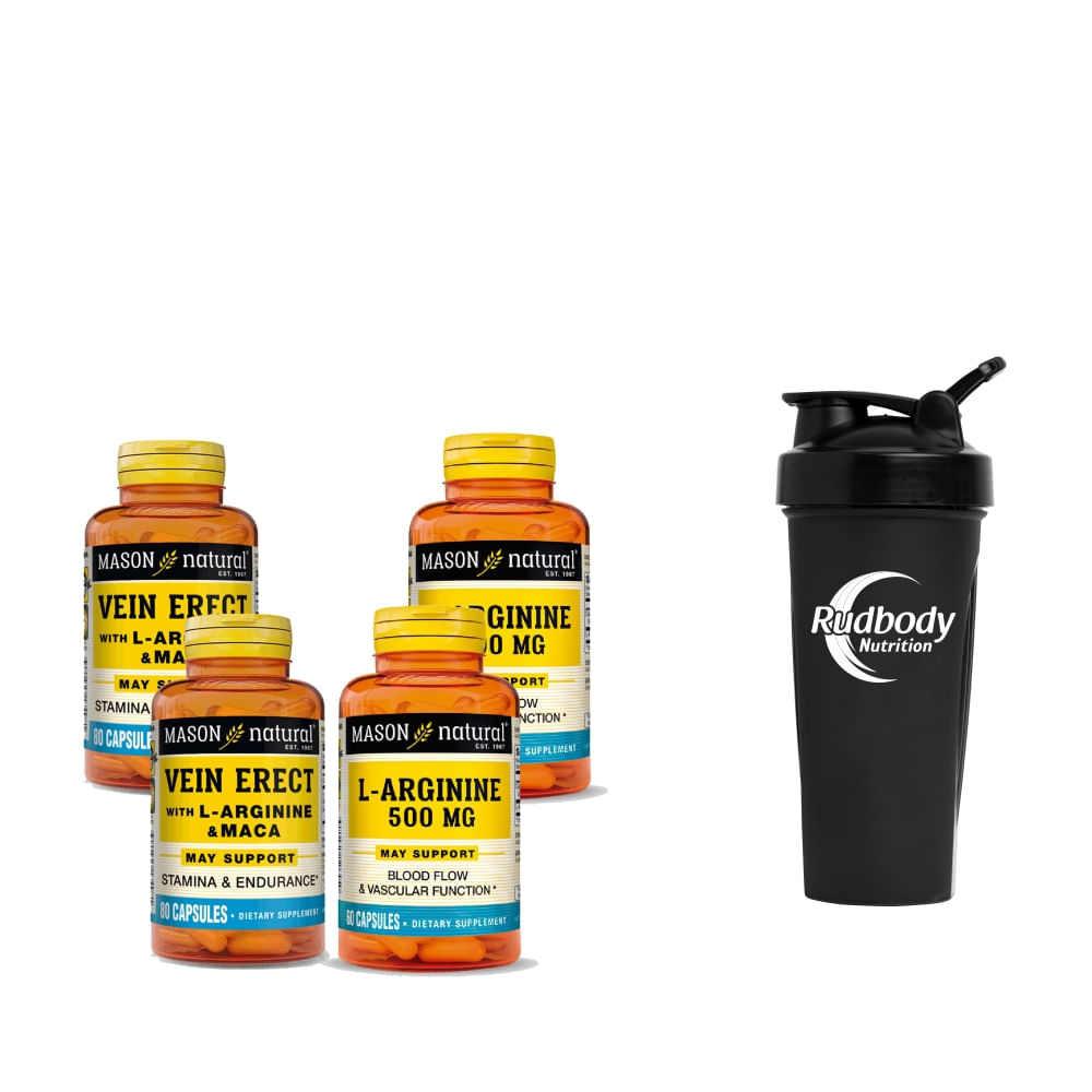 Combo Vitaminas Mason Natural- 2 Vein Erect With Arginine & Maca (80 Cap)+ 2 Arginine 500 Mg +Shaker