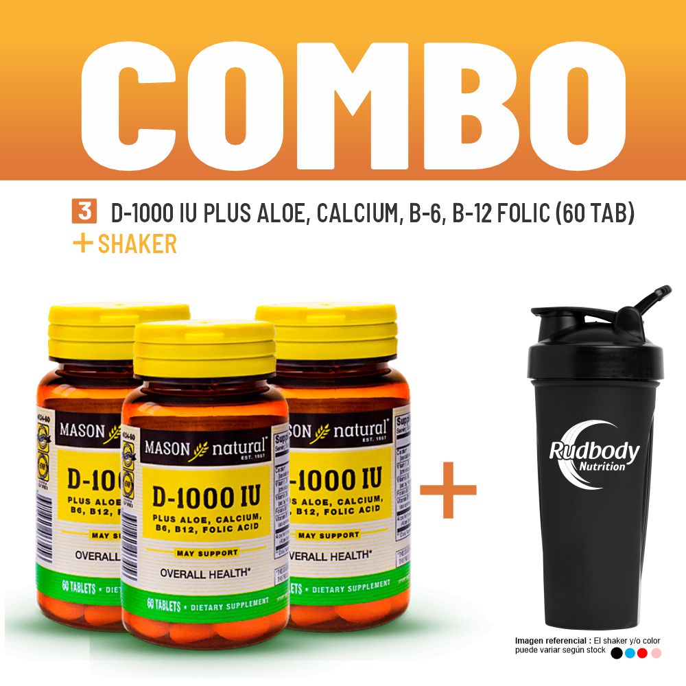 Combo Vitaminas Mason Natural- 3 D-1000 Iu Plus Aloe, Calcium, B-6, B-12 Folic Acid (60 Tab) +Shaker