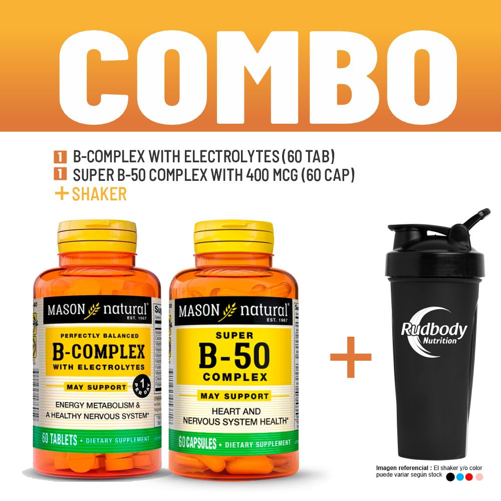 Combo Vitaminas Mason Natural- B-Complex With Electrolytes + Super B-50 Complex With 400 Mcg +Shaker