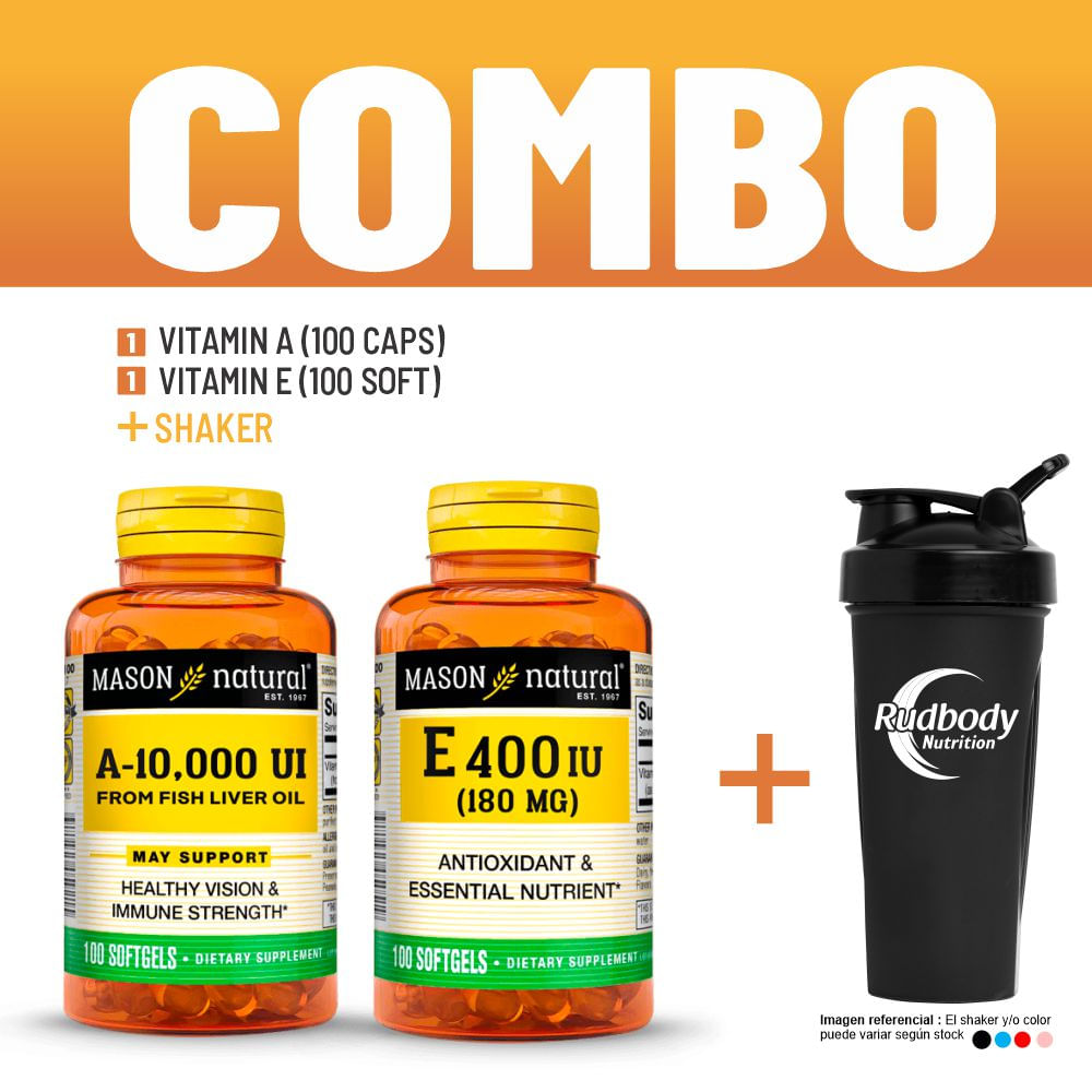 Combo Vitaminas Mason Natural- Vitamin A-10,000 Iu (100 Softg) + Vitamin E-400 Iu (100 Soft) +Shaker
