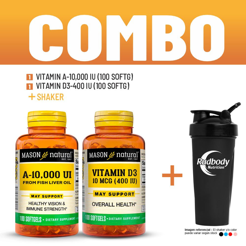 Combo Vitaminas Mason Natural- Vitamin A-10,000 Iu (100 Softg)+ Vitamin D3-400 Iu (100 Softg)+Shaker