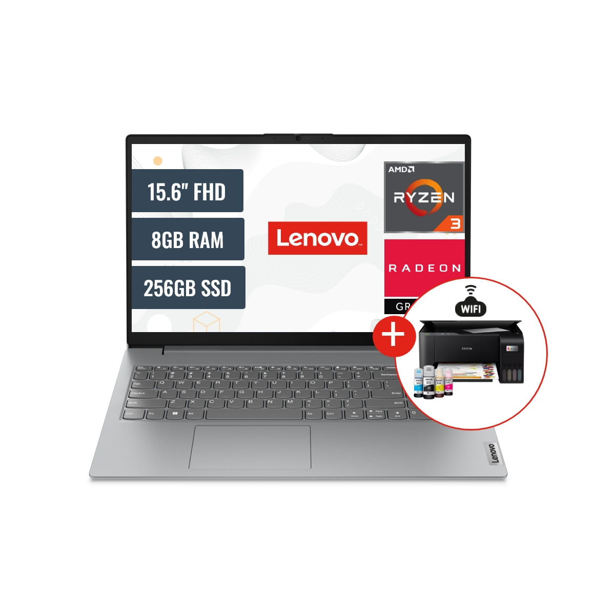 Combo Laptop Lenovo V15 G4 AMD Ryzen 3 7320U 8GB RAM 256GB SSD 15.6 FHD y Impresora Epson L3250