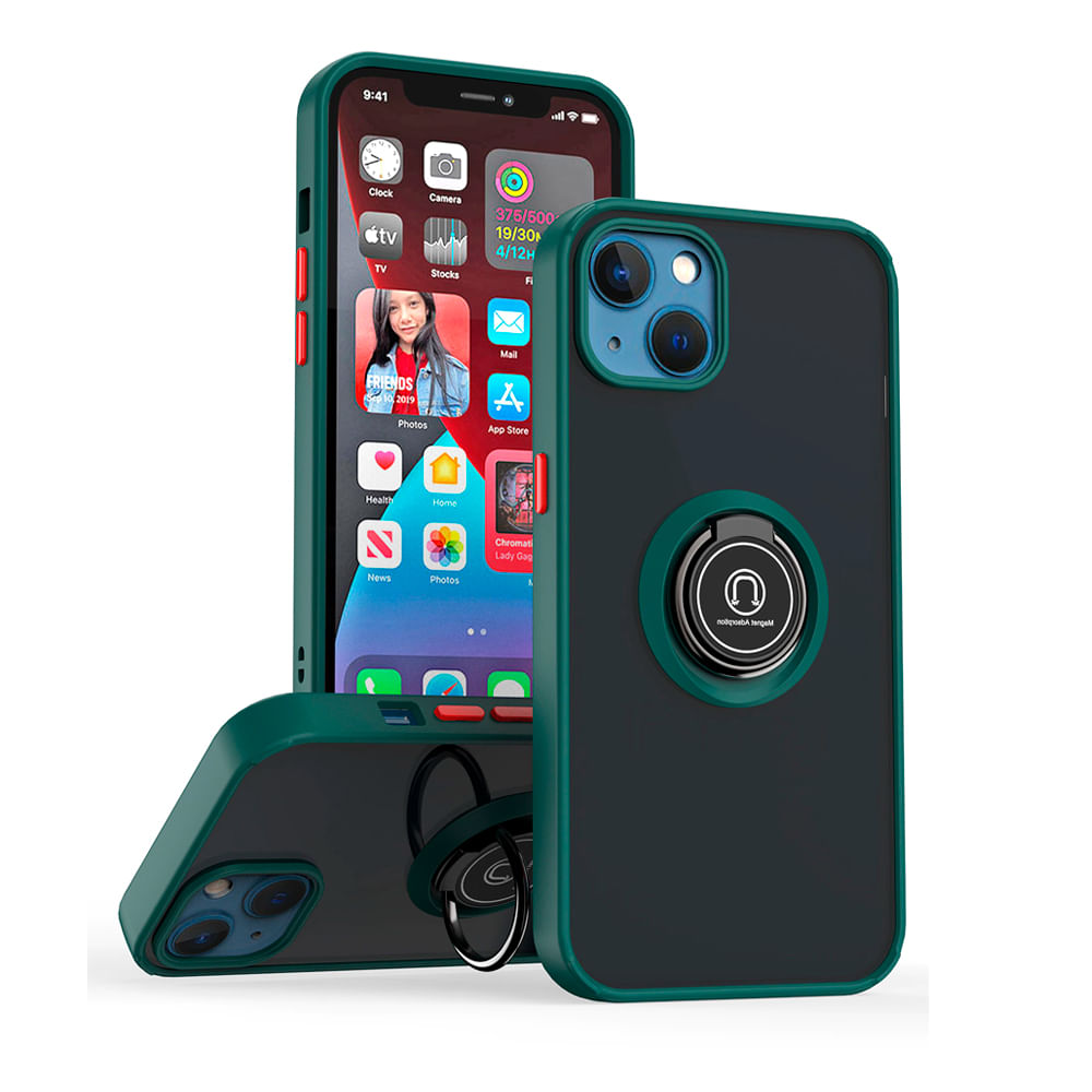 Funda para iPhone 13 Pro Ahumado con Anillo Verde Bosque Antishock Resistente ante Caídas y Golpes