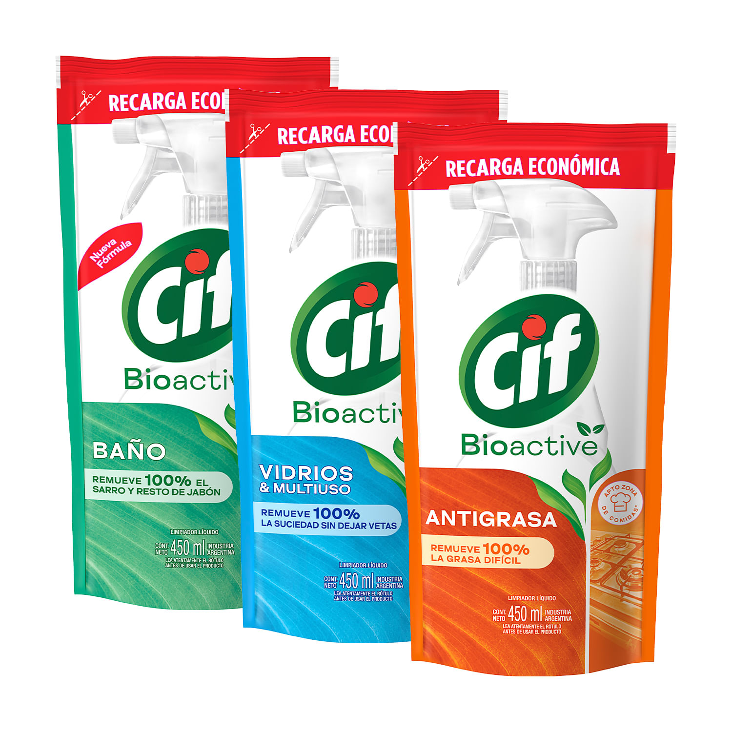 Pack CIF Limpiavidrios Bioactive Doypack 450ml + Limpiador Antigrasa Bioactive Doypack 450ml + Limpiador de Baño Bioactive Doypack 450ml