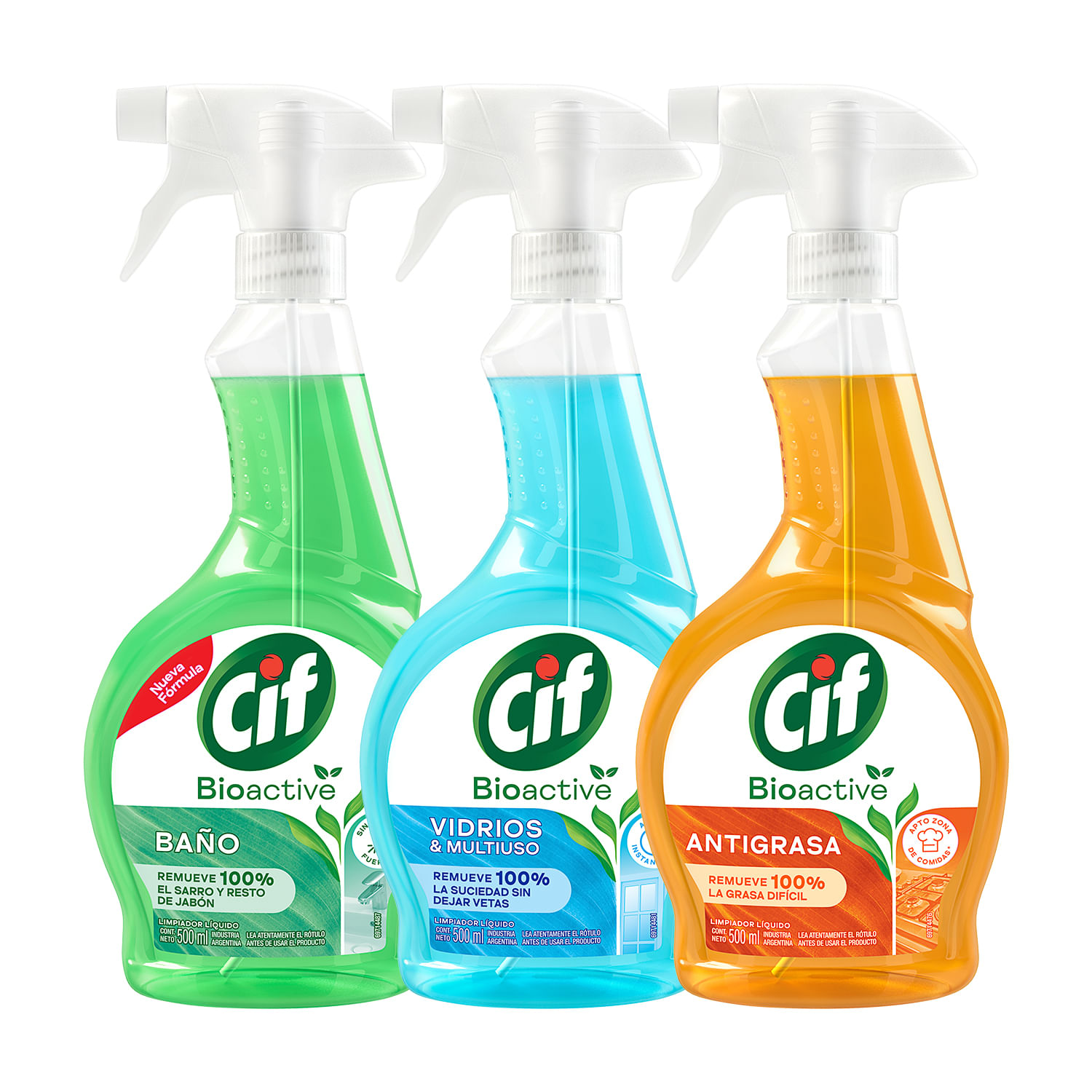 Pack CIF Limpiador de Baño Bioactive 500ml + Limpiador Vidrios Bioactive 500ml + Limpiador Antigrasa Bioactive Botella 500ml