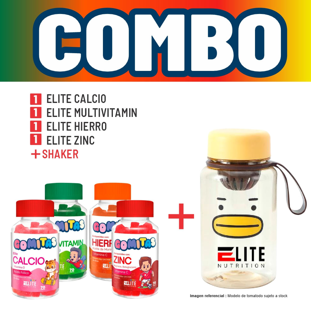 Combo Gomitas Para Niños Elite- Elite Calcio +Elite Multivitamin + Elite Hierro + Elite Zinc +Shaker