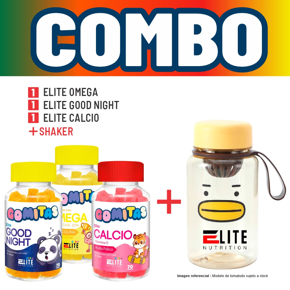 Combo Gomitas Para Niños Elite Nutrition Kids- Elite Omega + Elite Good Night + Elite Calcio +Shaker