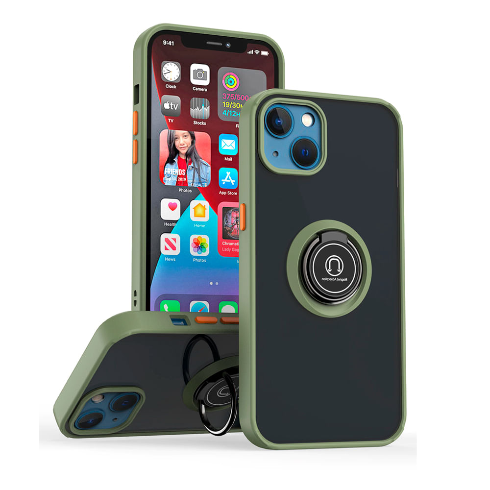 Funda para iPhone 13 Pro Ahumado con Anillo Verde Claro Antishock Resistente ante Caídas y Golpes