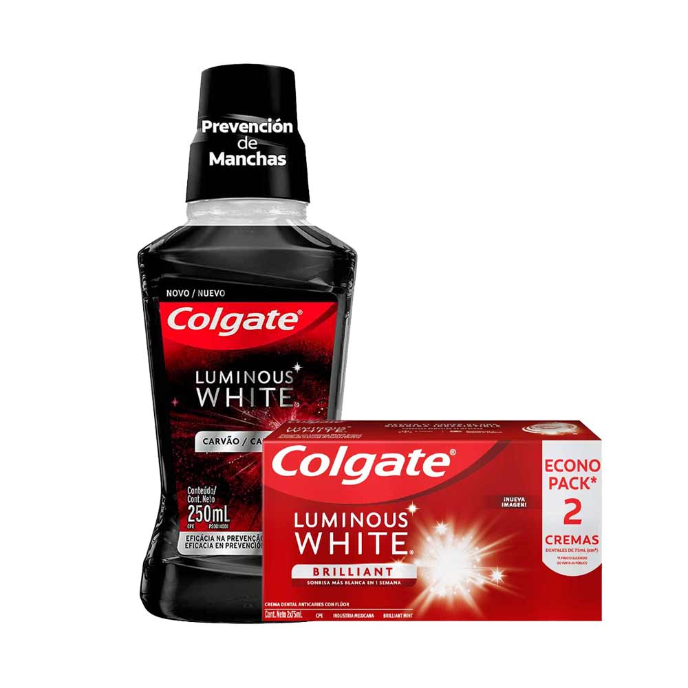 Pack Pasta Dental Colgate Luminous White 2x75ml + Enjuague Bucal COLGATE Luminous White Carbón 250ml