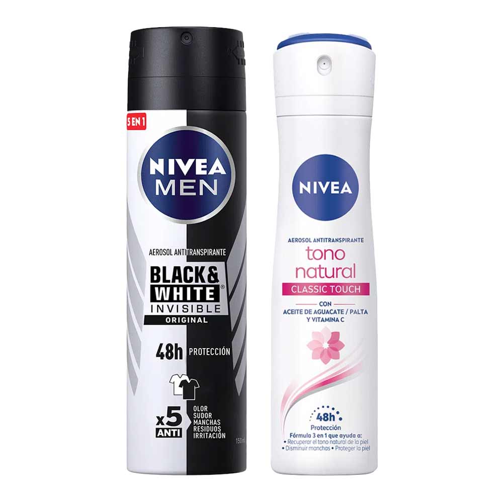 Pack Desodorante Spray NIVEA Invisible B&W Male - Frasco 150ml + Desodorante Spray NIVEA Tono Natural Classic Touch - Frasco 150ml