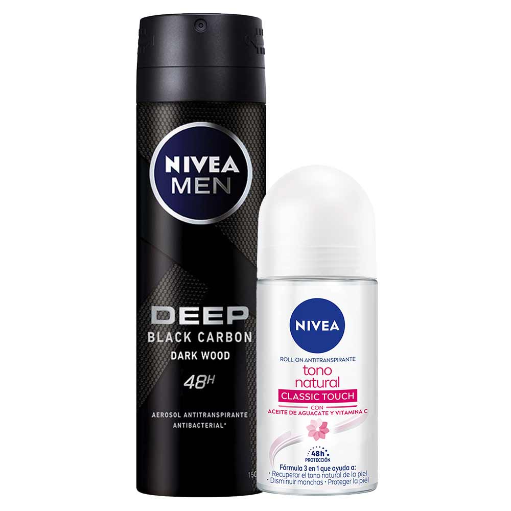 Pack Desodorante Spray NIVEA Deep Dark Wood Frasco 150ml + Desodorante Roll On NIVEA Tono Natural Classic Touch - Frasco 50ml