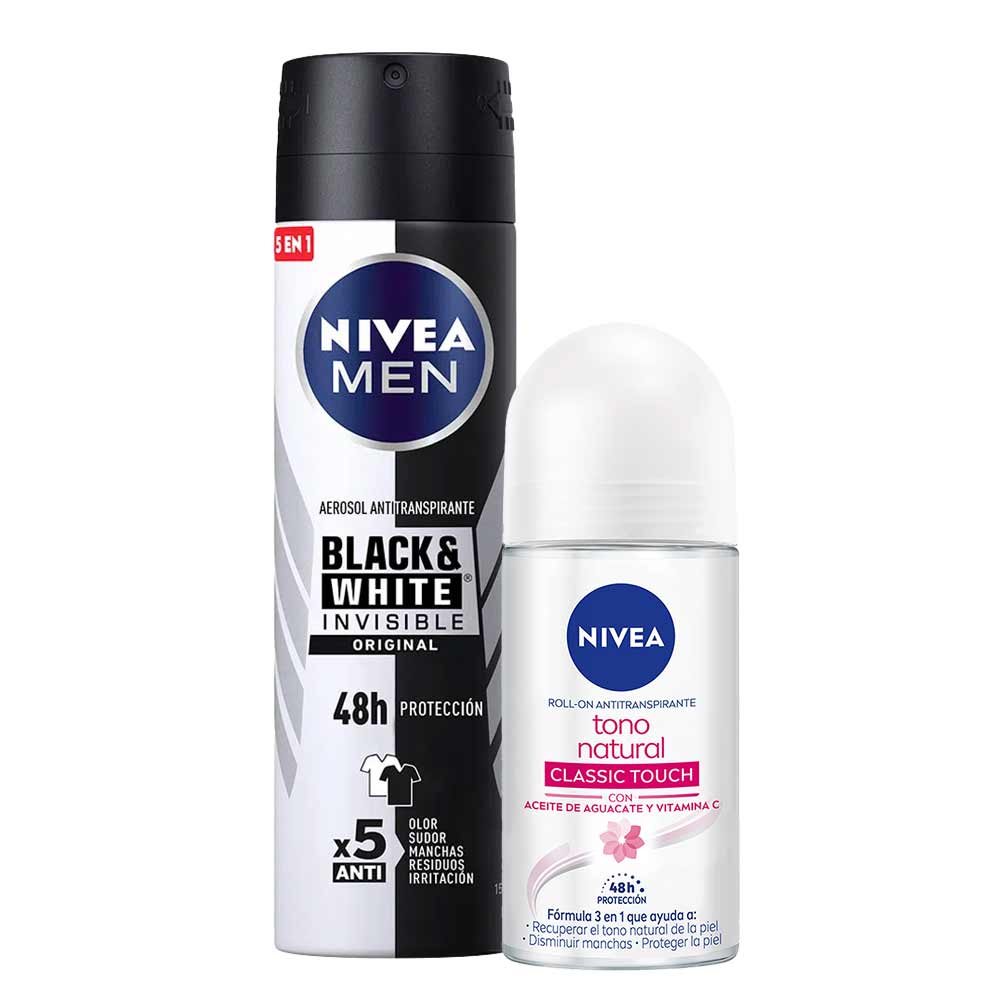 Pack Desodorante Spray NIVEA Invisible B&W Male - Frasco 150ml + Desodorante Roll On NIVEA Tono Natural Classic Touch - Frasco 50ml