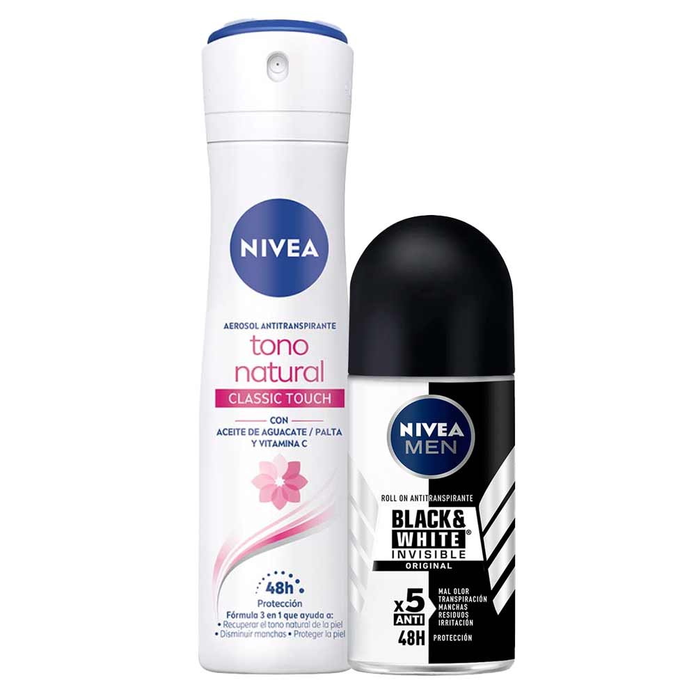 Pack Desodorante Spray NIVEA Tono Natural Classic Touch - Frasco 150ml + Desodorante Roll On NIVEA Invisible B&W Male - Frasco 50ml