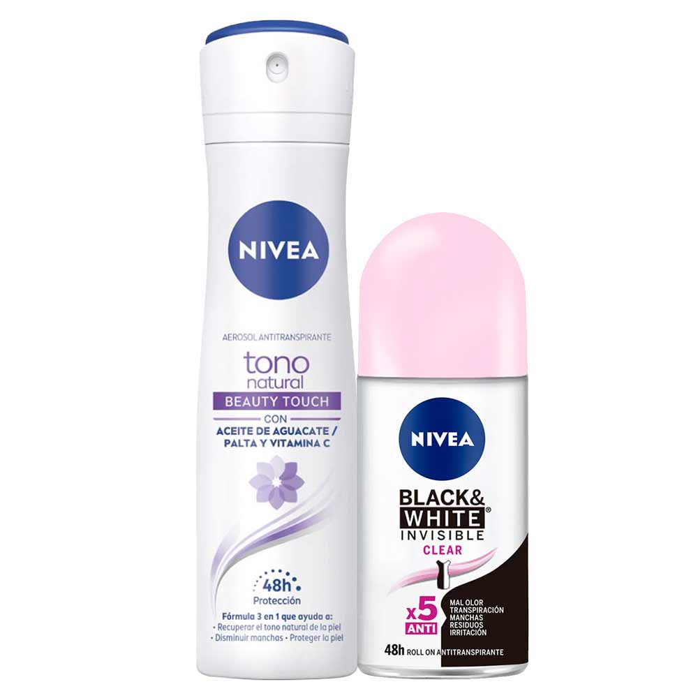 Pack Desodorante Spray NIVEA Tono Natural Beauty Touch - Frasco 150ml + Desodorante Roll On NIVEA Invisible B&W Clear - Frasco 50ml