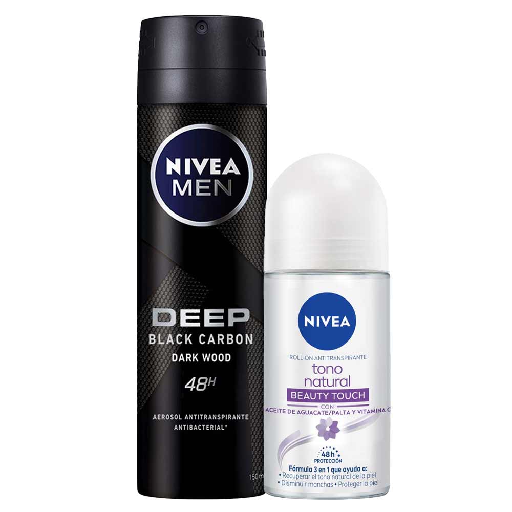 Pack Desodorante Spray NIVEA Deep Dark Wood Frasco 150ml + Desodorante Roll On NIVEA Tono Natural Beauty Touch - Frasco 50ml