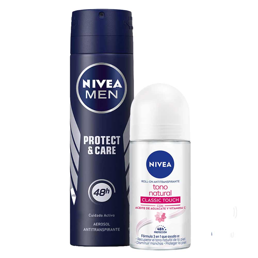Pack Desodorante Spray NIVEA Protect & Care Male - Frasco 150ml + Desodorante Roll On NIVEA Tono Natural Classic Touch - Frasco 50ml