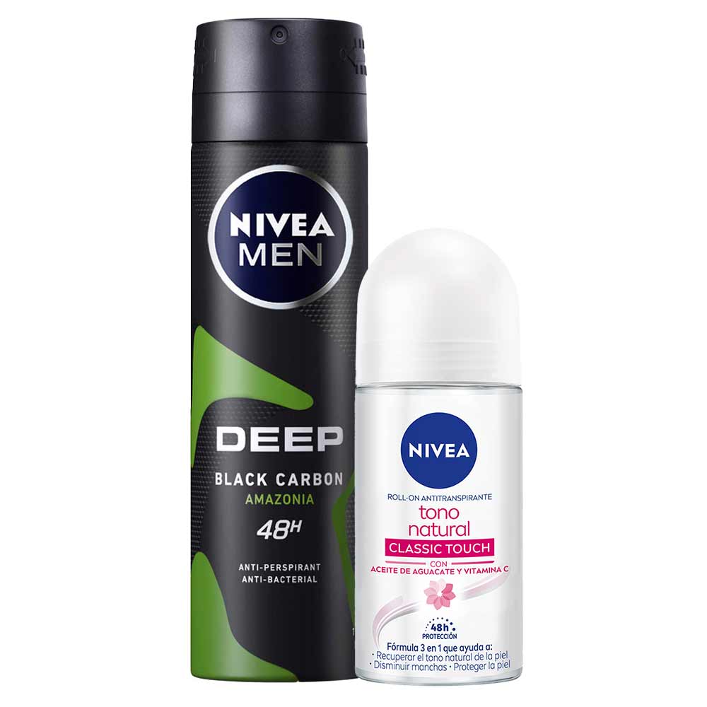 Pack Desodorante Spray NIVEA Deep Amazonia Male - Frasco 150ml + Desodorante Roll On NIVEA Tono Natural Classic Touch - Frasco 50ml