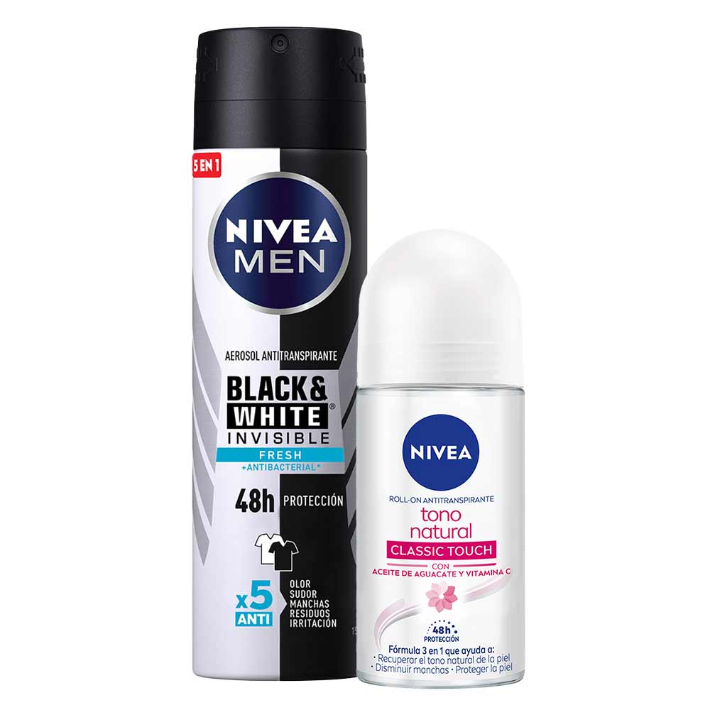 Pack Desodorante Spray NIVEA B&W Fresh Male - Frasco 150ml + Desodorante Roll On NIVEA Tono Natural Classic Touch - Frasco 50ml