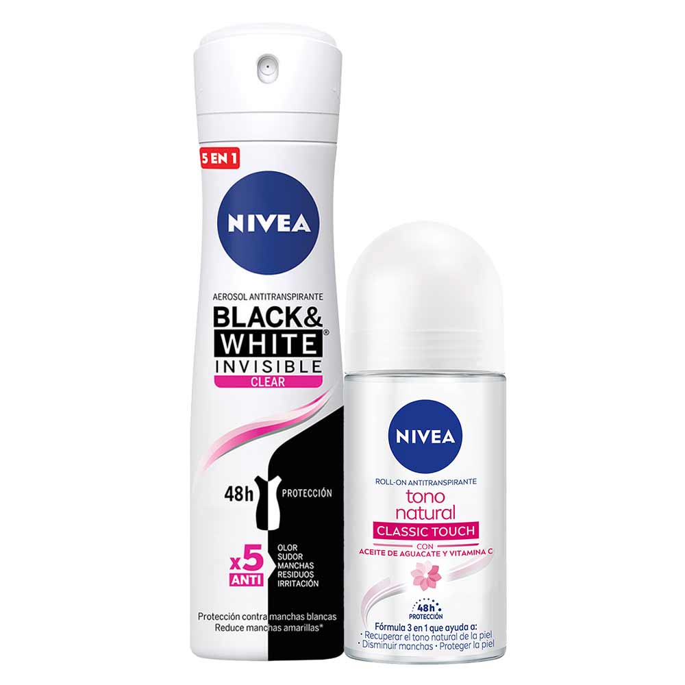 Pack Desodorante Spray NIVEA Invisible B&W Clear - Frasco 150ml + Desodorante Roll On NIVEA Tono Natural Classic Touch - Frasco 50ml