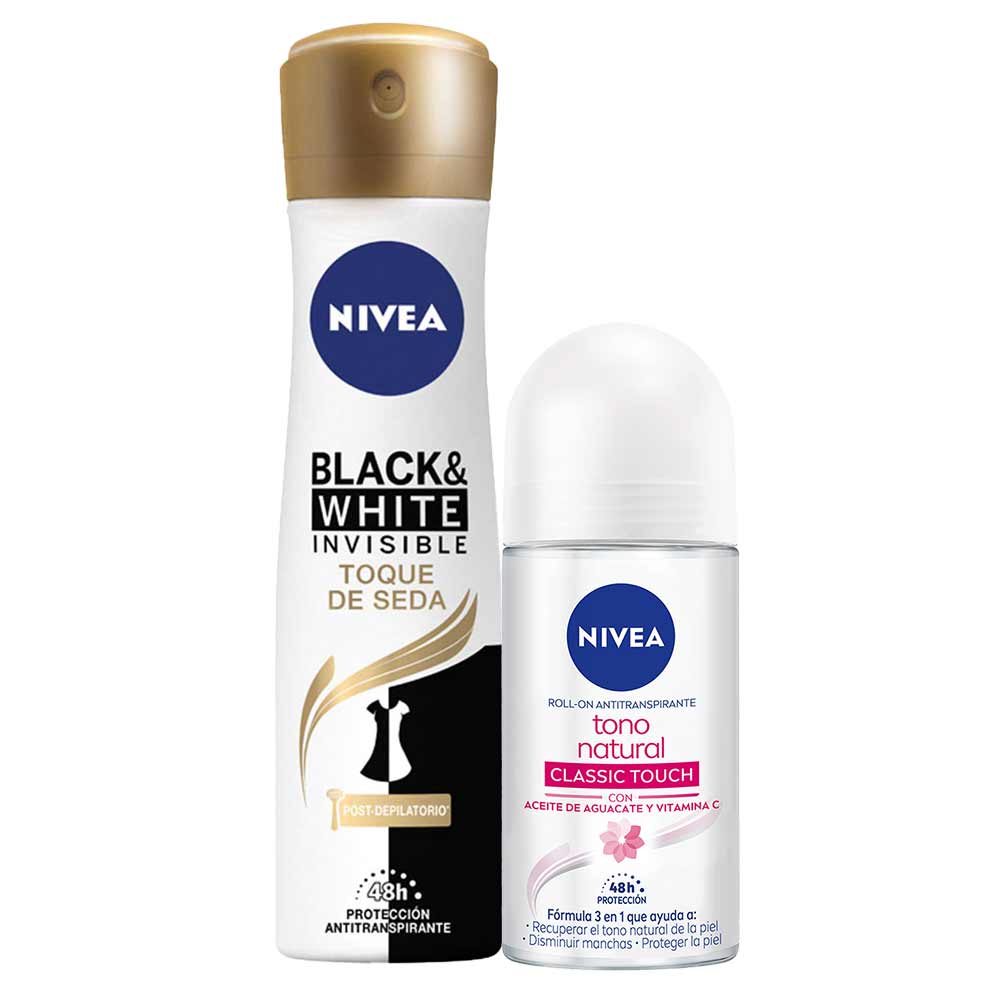 Pack Desodorante Spray NIVEA Invisible B&W Toque de Seda 150ml + Desodorante Roll On NIVEA Tono Natural Classic Touch 50ml
