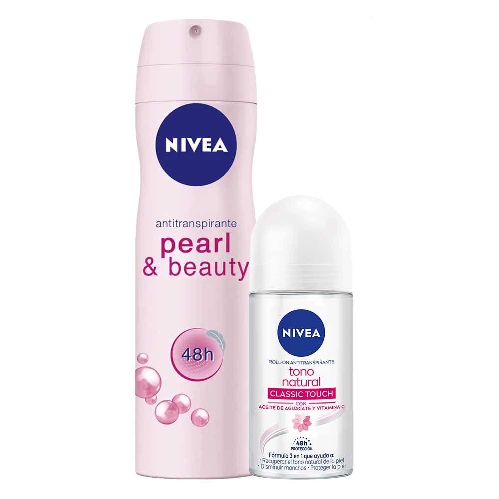 Pack Desodorante Spray NIVEA Peral & Beauty - Frasco 150ml + Desodorante Roll On NIVEA Tono Natural Classic Touch - Frasco 50ml