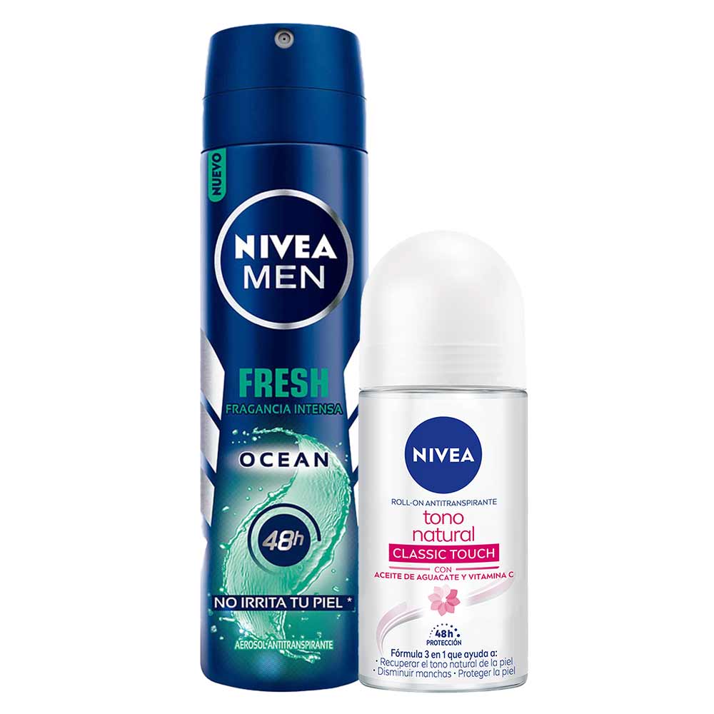 Pack Desodorante Spray NIVEA Fresh Ocean Male - Frasco 150ml + Desodorante Roll On NIVEA Tono Natural Classic Touch - Frasco 50ml