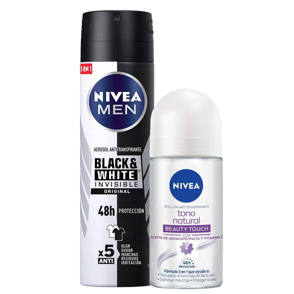 Pack Desodorante Roll On NIVEA Tono Natural Beauty Touch - Frasco 50ml + Desodorante Spray NIVEA Invisible B&W Male - Frasco 150ml