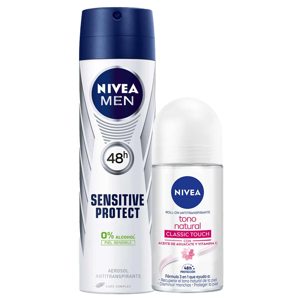 Pack Desodorante Spray NIVEA Sensitive Protect - Frasco 150ml + Desodorante Roll On NIVEA Tono Natural Classic Touch - Frasco 50ml