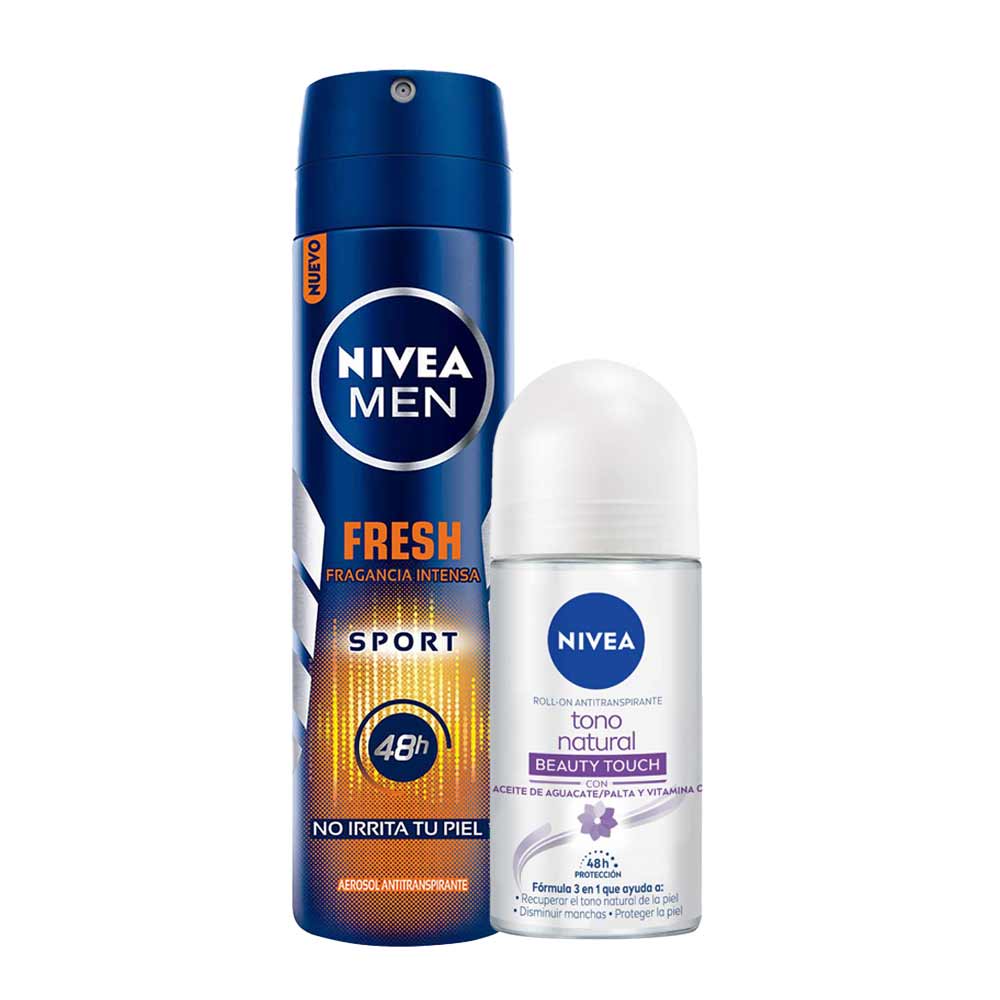 Pack Desodorante Spray NIVEA Fresh Sport Male - Frasco 150ml + Desodorante Roll On NIVEA Tono Natural Beauty Touch - Frasco 50ml