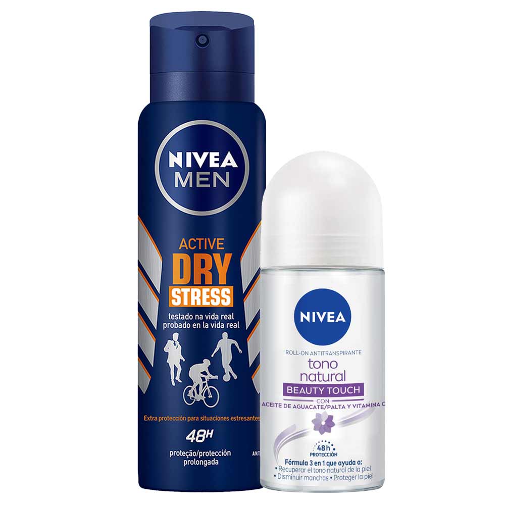 Pack Desodorante Roll On NIVEA Tono Natural Beauty Touch - Frasco 50ml + Desodorante Spray NIVEA Stress Protect Male - Frasco 150ml