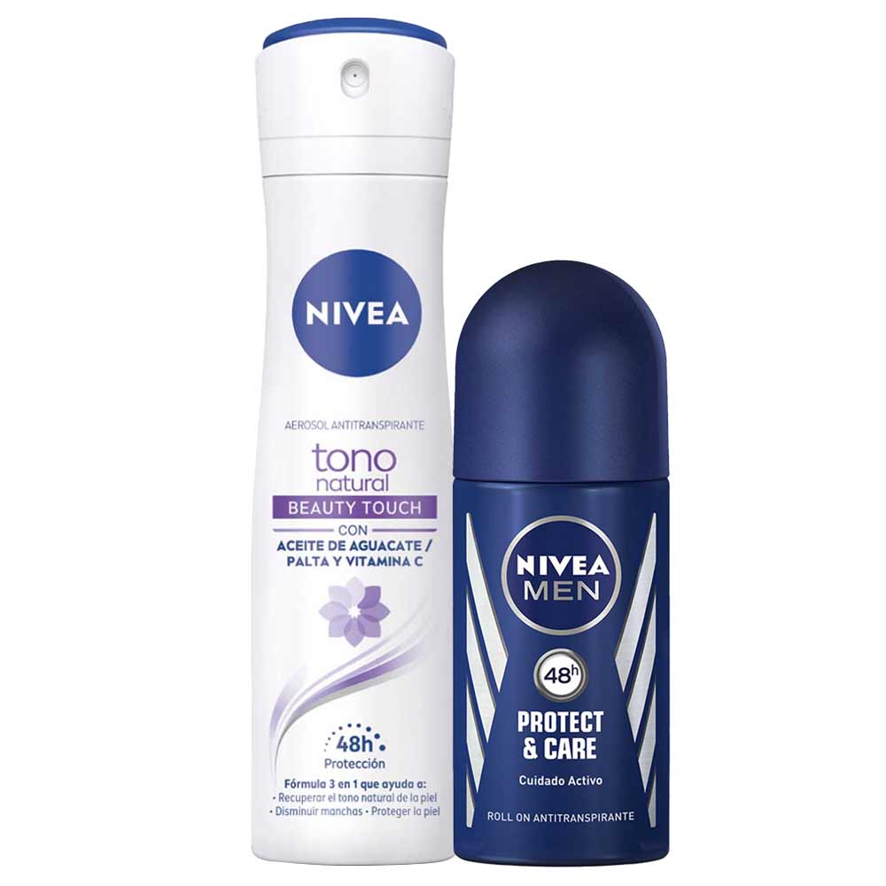 Pack Desodorante Roll On NIVEA Protect & Care Male - Frasco 50ml + Desodorante Spray NIVEA Tono Natural Beauty Touch - Frasco 150ml