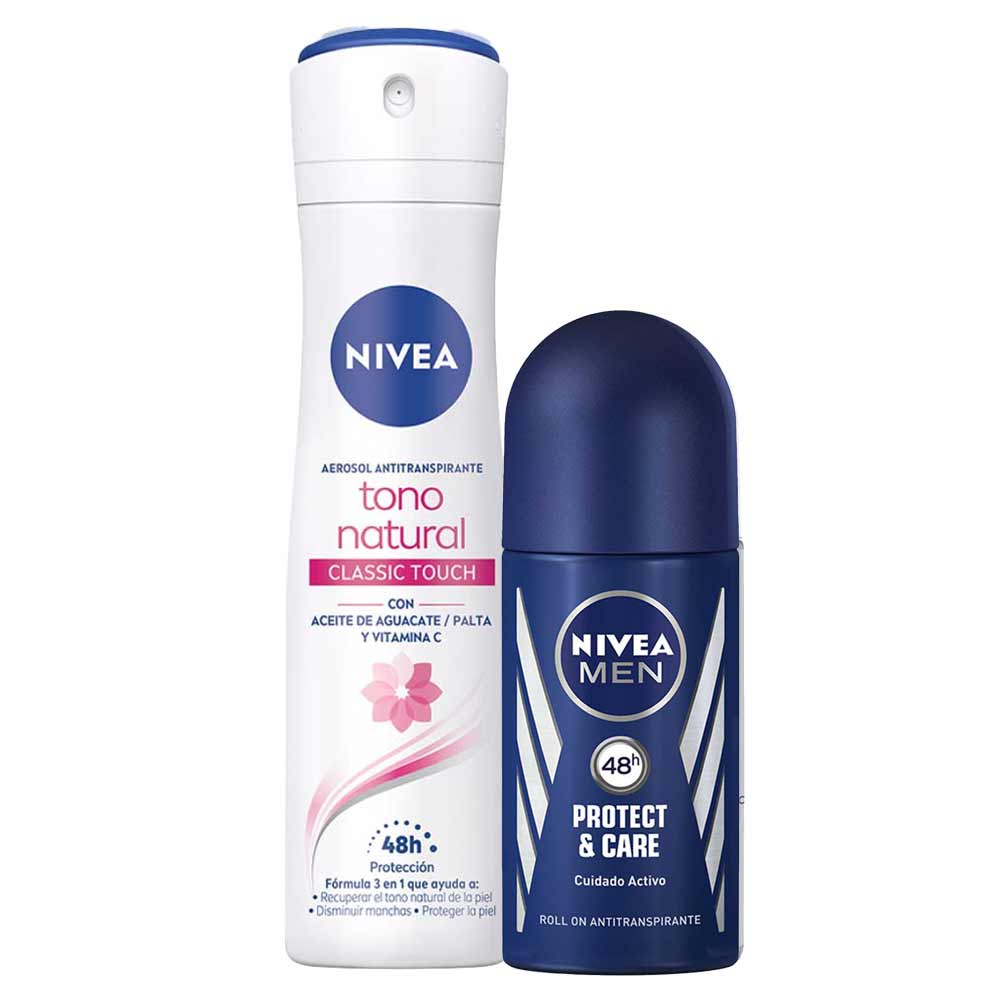 Pack Desodorante Spray NIVEA Tono Natural Classic Touch - Frasco 150ml + Desodorante Roll On NIVEA Protect & Care Male - Frasco 50ml