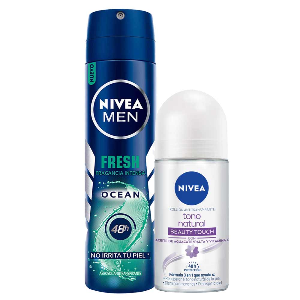 Pack Desodorante Spray NIVEA Fresh Ocean Male - Frasco 150ml + Desodorante Roll On NIVEA Tono Natural Beauty Touch - Frasco 50ml