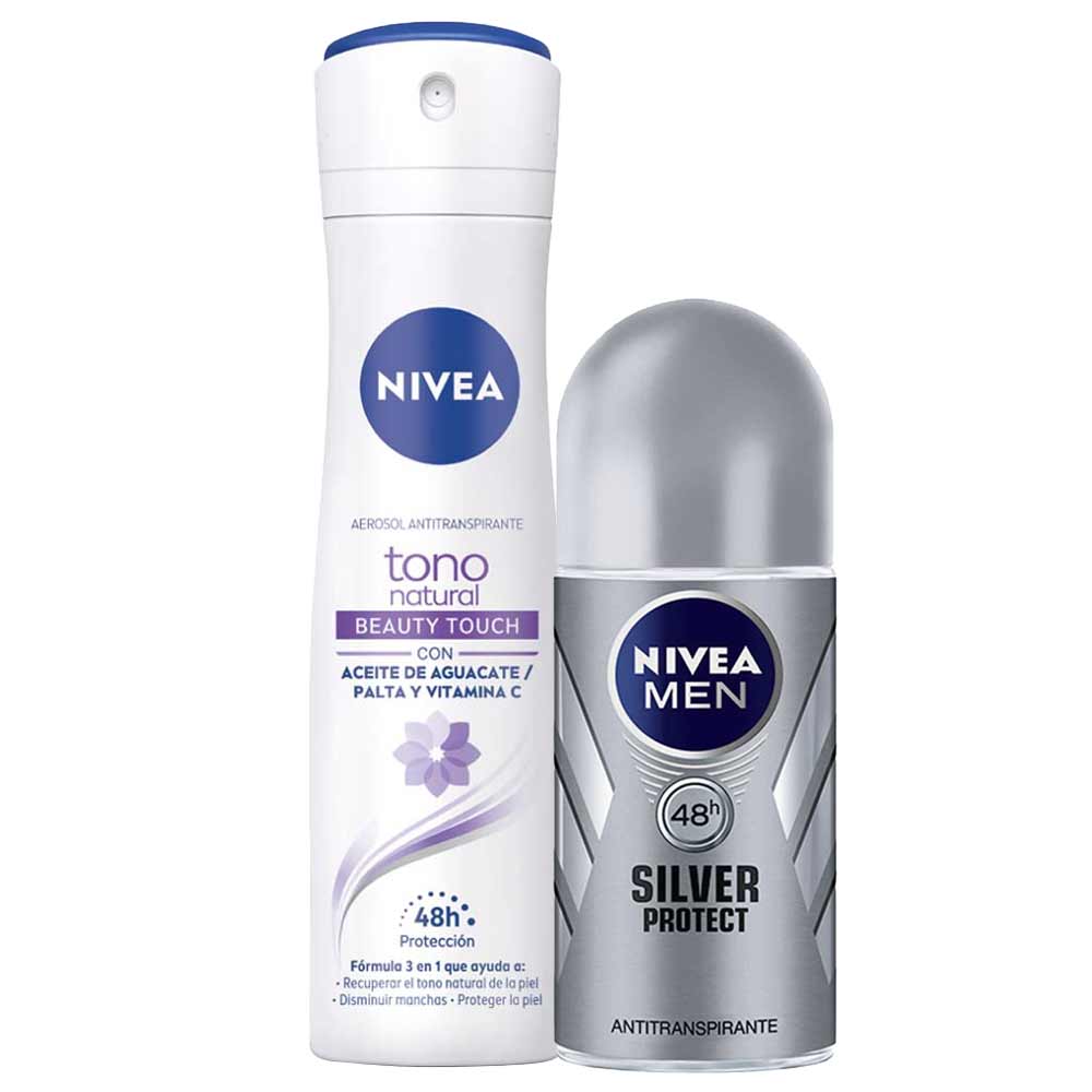 Pack Desodorante Roll On NIVEA Silver Protect Male - Frasco 50ml + Desodorante Spray NIVEA Tono Natural Beauty Touch - Frasco 150ml